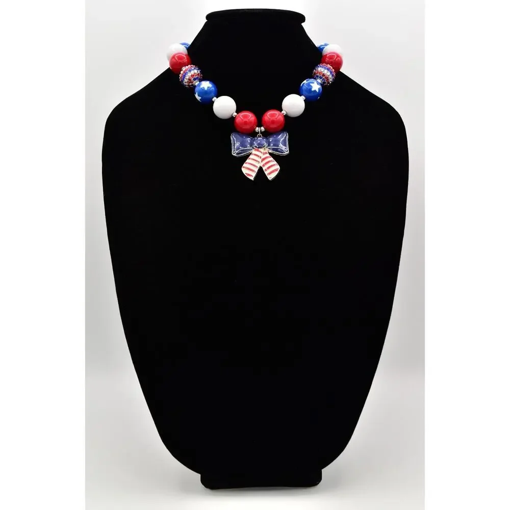Statement Necklace American Flag Star Red White Blue Beaded 4th July USA BinA17